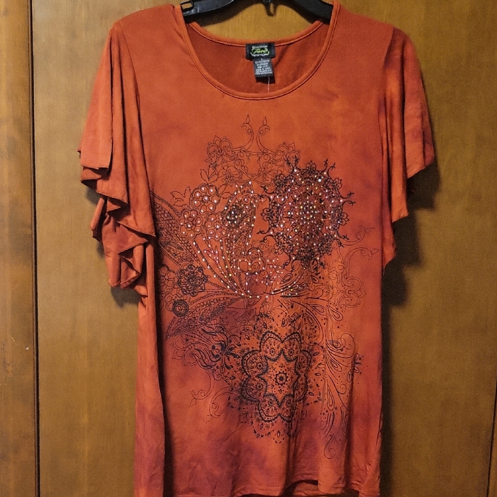 NWT Rust Colored Batik Rhinestone Flutter Sleeve Blouse L